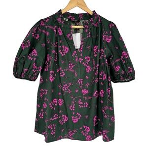 Sugarlips Forest Green Blouse with Hot Pink Floral Print